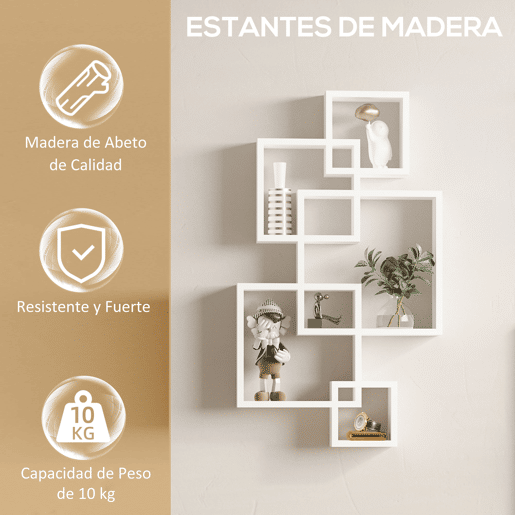 HOMCOM Estante de Parede com 5 Cubos Estante Flutuante de Madeira para Sala de Estar Dormitório Entrada Estúdio Estilo Moderno 49,5x10,2x86cm Branco