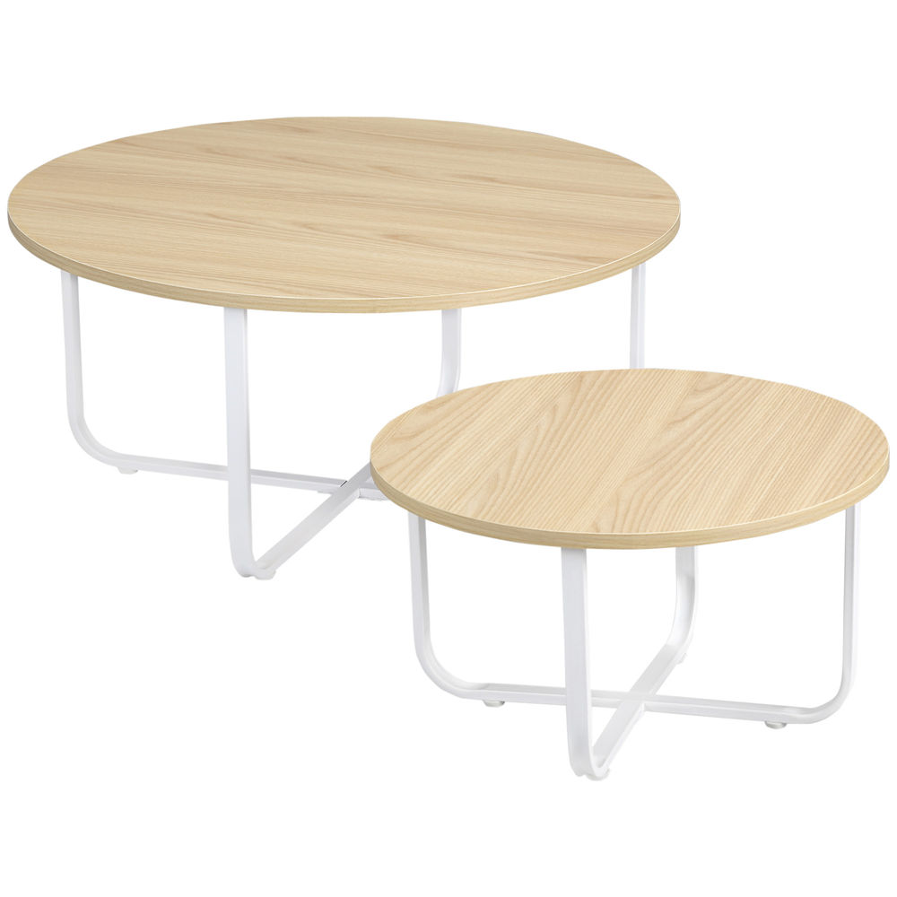 Homcom juego de 2 mesas de centro ø65x32 cm y ø45x26 cm mesas de salón redondas con encimera de madera y patas de metal para domitorio natural y blanco
