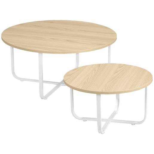 HOMCOM Conjunto de 2 Mesas de Centro Ø65x32cm e Ø45x26cm Mesas de Sala de Estar Redondas com Bancada de Madeira e Pés de Metal para Dormitório Madeira e Branco