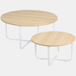 HOMCOM Conjunto de 2 Mesas de Centro Ø65x32cm e Ø45x26cm Mesas de Sala de Estar Redondas com Bancada de Madeira e Pés de Metal para Dormitório Madeira e Branco