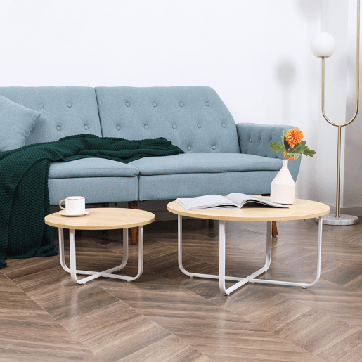 HOMCOM Conjunto de 2 Mesas de Centro Ø65x32cm e Ø45x26cm Mesas de Sala de Estar Redondas com Bancada de Madeira e Pés de Metal para Dormitório Madeira e Branco