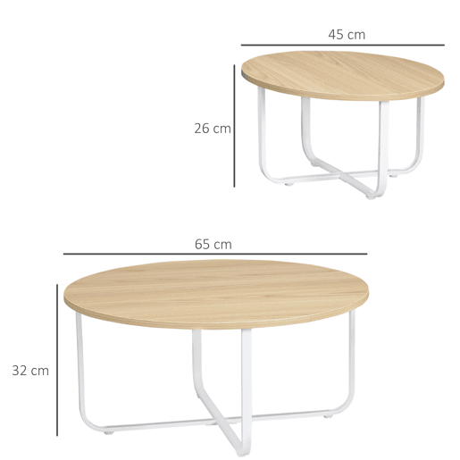 HOMCOM Conjunto de 2 Mesas de Centro Ø65x32cm e Ø45x26cm Mesas de Sala de Estar Redondas com Bancada de Madeira e Pés de Metal para Dormitório Madeira e Branco