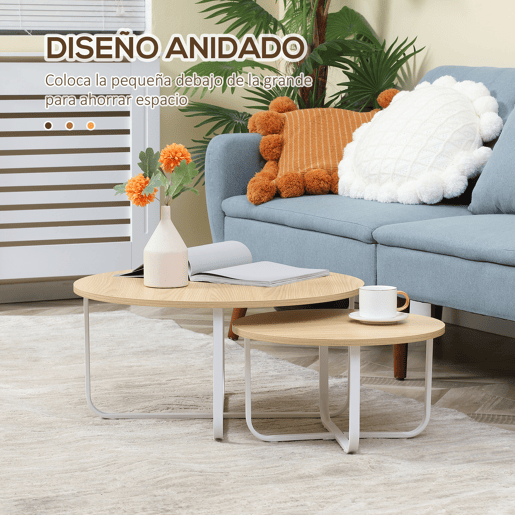 HOMCOM Conjunto de 2 Mesas de Centro Ø65x32cm e Ø45x26cm Mesas de Sala de Estar Redondas com Bancada de Madeira e Pés de Metal para Dormitório Madeira e Branco