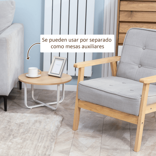 HOMCOM Conjunto de 2 Mesas de Centro Ø65x32cm e Ø45x26cm Mesas de Sala de Estar Redondas com Bancada de Madeira e Pés de Metal para Dormitório Madeira e Branco