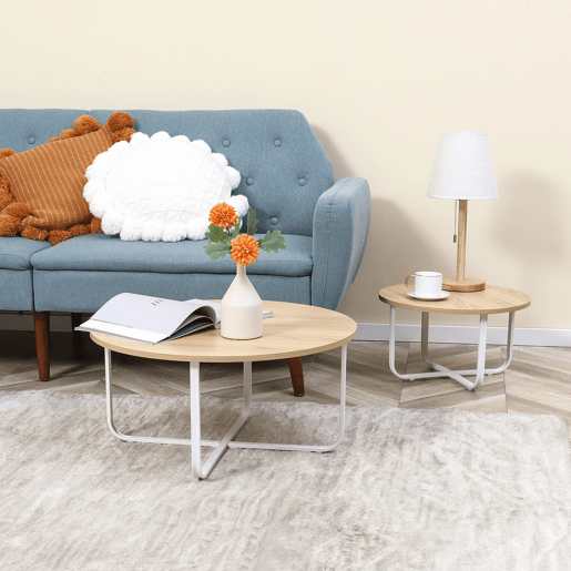 HOMCOM Conjunto de 2 Mesas de Centro Ø65x32cm e Ø45x26cm Mesas de Sala de Estar Redondas com Bancada de Madeira e Pés de Metal para Dormitório Madeira e Branco