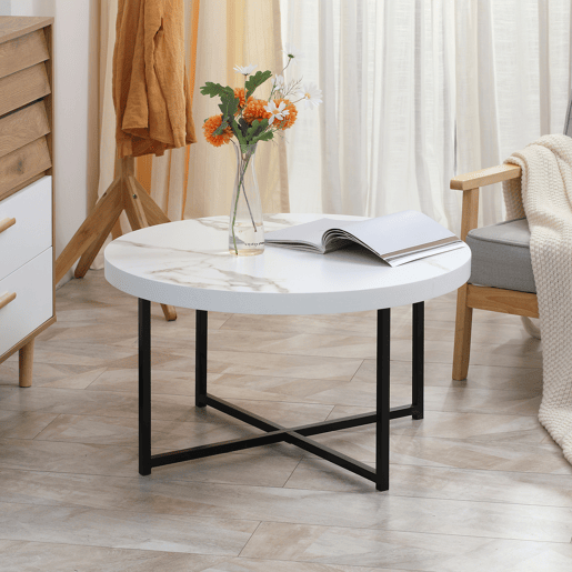 HOMCOM mesa de Centro Mesa de Sala de Estar Redonda com Bancada Similar ao Mármore e Estrutura de Metal para Escritório Estilo Moderno 80x80x45cm Branco e Preto