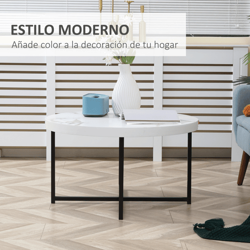 HOMCOM mesa de Centro Mesa de Sala de Estar Redonda com Bancada Similar ao Mármore e Estrutura de Metal para Escritório Estilo Moderno 80x80x45cm Branco e Preto