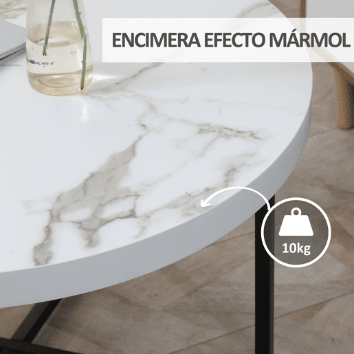 HOMCOM mesa de Centro Mesa de Sala de Estar Redonda com Bancada Similar ao Mármore e Estrutura de Metal para Escritório Estilo Moderno 80x80x45cm Branco e Preto