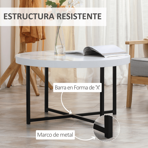 HOMCOM mesa de Centro Mesa de Sala de Estar Redonda com Bancada Similar ao Mármore e Estrutura de Metal para Escritório Estilo Moderno 80x80x45cm Branco e Preto