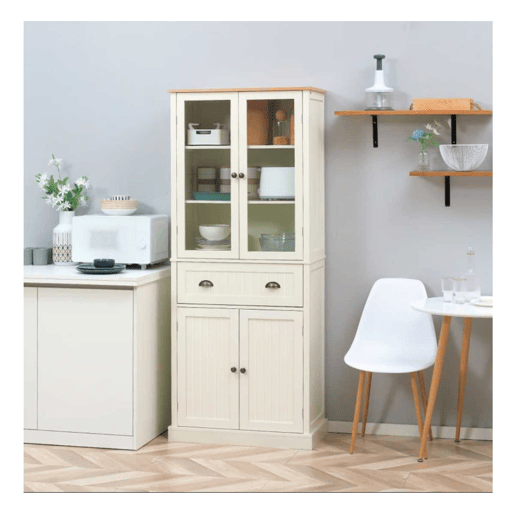 HOMCOM Armário de Cozinha com 2 Portas de Vidro 1 Gaveta e Prateleira Ajustável Móvel Auxiliar de Cozinha Anti-Tombo 76x40x182,5cm Creme