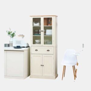 HOMCOM Armário de Cozinha com 2 Portas de Vidro 1 Gaveta e Prateleira Ajustável Móvel Auxiliar de Cozinha Anti-Tombo 76x40x182,5cm Creme