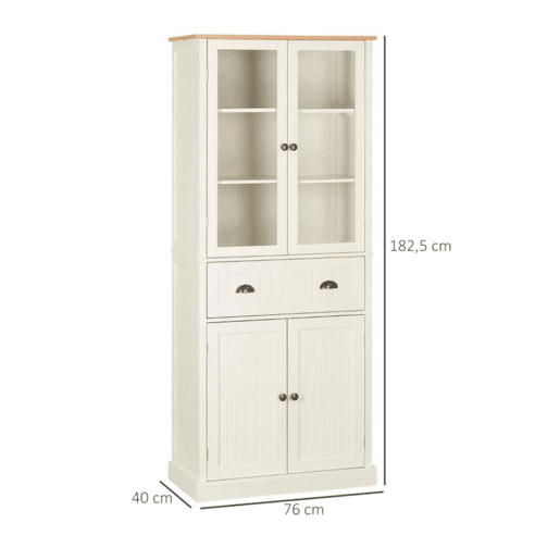 HOMCOM Armário de Cozinha com 2 Portas de Vidro 1 Gaveta e Prateleira Ajustável Móvel Auxiliar de Cozinha Anti-Tombo 76x40x182,5cm Creme