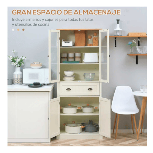 HOMCOM Armário de Cozinha com 2 Portas de Vidro 1 Gaveta e Prateleira Ajustável Móvel Auxiliar de Cozinha Anti-Tombo 76x40x182,5cm Creme