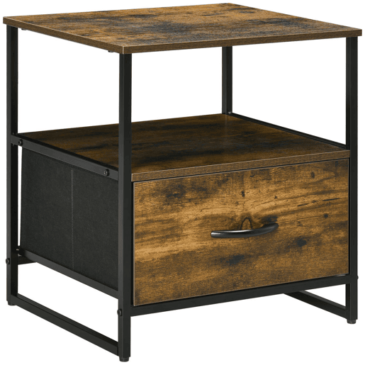 HOMCOM Mesa de Cabeceira com 1 Gaveta de Tecido Dobrável e Prateleira Aberta Mesa Auxiliar para Escritório Dormitório Estilo Industrial Anti-Tombo 45x40x50,5cm Marrom Rústico