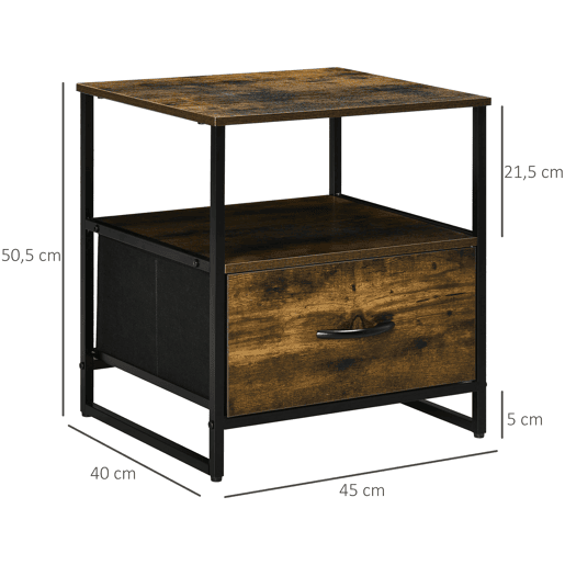 HOMCOM Mesa de Cabeceira com 1 Gaveta de Tecido Dobrável e Prateleira Aberta Mesa Auxiliar para Escritório Dormitório Estilo Industrial Anti-Tombo 45x40x50,5cm Marrom Rústico