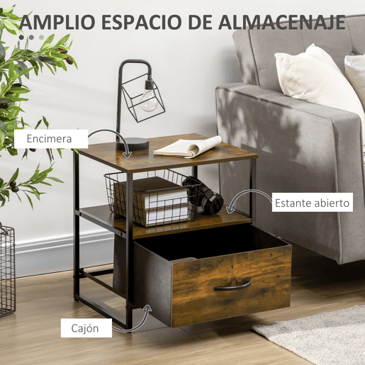 HOMCOM Mesa de Cabeceira com 1 Gaveta de Tecido Dobrável e Prateleira Aberta Mesa Auxiliar para Escritório Dormitório Estilo Industrial Anti-Tombo 45x40x50,5cm Marrom Rústico