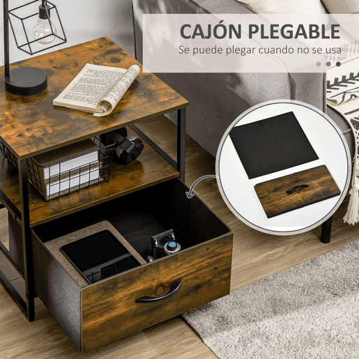 HOMCOM Mesa de Cabeceira com 1 Gaveta de Tecido Dobrável e Prateleira Aberta Mesa Auxiliar para Escritório Dormitório Estilo Industrial Anti-Tombo 45x40x50,5cm Marrom Rústico