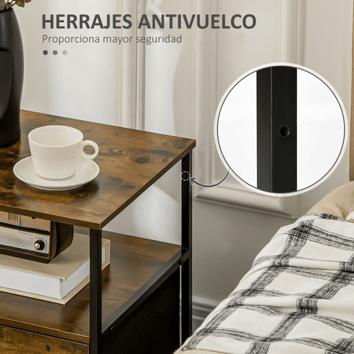 HOMCOM Mesa de Cabeceira com 1 Gaveta de Tecido Dobrável e Prateleira Aberta Mesa Auxiliar para Escritório Dormitório Estilo Industrial Anti-Tombo 45x40x50,5cm Marrom Rústico