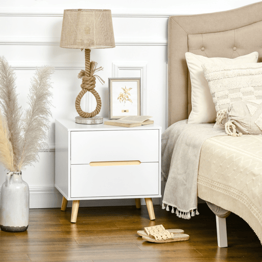 HOMCOM Mesa de Cabeceira com 2 Gavetas e Pés de Madeira Mesa de Cabeceira para Dormitório Escritório Estilo Moderno 50x40x50,5cm Branco