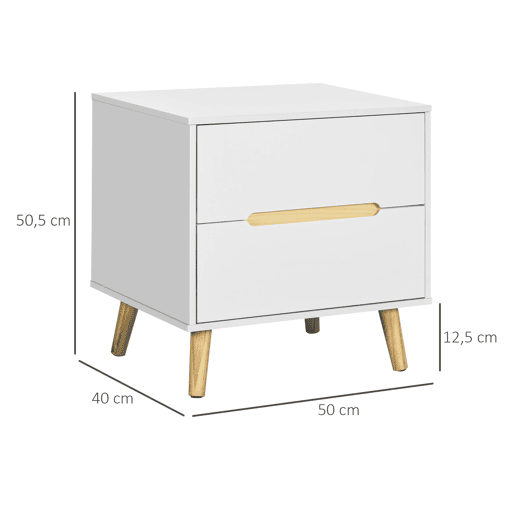 HOMCOM Mesa de Cabeceira com 2 Gavetas e Pés de Madeira Mesa de Cabeceira para Dormitório Escritório Estilo Moderno 50x40x50,5cm Branco