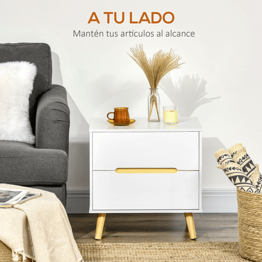 HOMCOM Mesa de Cabeceira com 2 Gavetas e Pés de Madeira Mesa de Cabeceira para Dormitório Escritório Estilo Moderno 50x40x50,5cm Branco