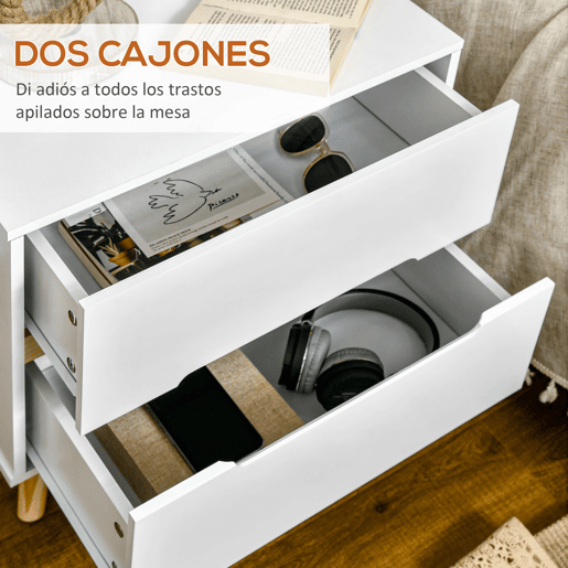 HOMCOM Mesa de Cabeceira com 2 Gavetas e Pés de Madeira Mesa de Cabeceira para Dormitório Escritório Estilo Moderno 50x40x50,5cm Branco