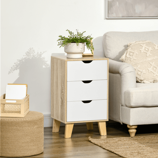 HOMCOM Mesa de Cabeceira com 3 Gavetas Mesa de Cabeceira para Dormitório Sala de Estar Estilo Moderno Anti-Tombo 40x35x68,5cm Madeira e Branco
