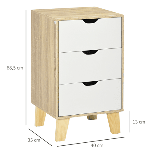HOMCOM Mesa de Cabeceira com 3 Gavetas Mesa de Cabeceira para Dormitório Sala de Estar Estilo Moderno Anti-Tombo 40x35x68,5cm Madeira e Branco