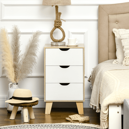 HOMCOM Mesa de Cabeceira com 3 Gavetas Mesa de Cabeceira para Dormitório Sala de Estar Estilo Moderno Anti-Tombo 40x35x68,5cm Madeira e Branco