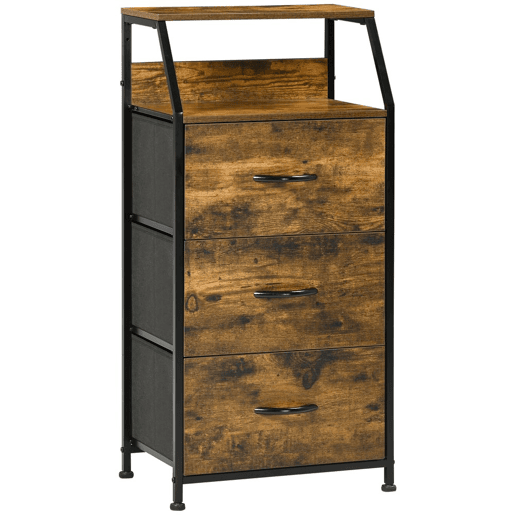HOMCOM Cómoda com 3 Gavetas de Tecido Dobrável e Prateleira Aberta Móvel de Armazenamento para Escritório Dormitório Estilo Industrial Anti-Tombo 44x29x92cm Marrom Rústico