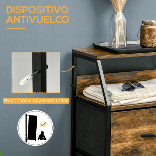 HOMCOM Cómoda com 3 Gavetas de Tecido Dobrável e Prateleira Aberta Móvel de Armazenamento para Escritório Dormitório Estilo Industrial Anti-Tombo 44x29x92cm Marrom Rústico