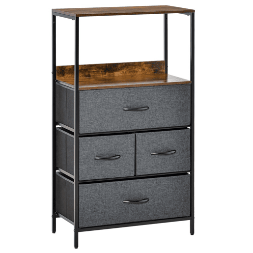 HOMCOM Cómoda com 4 Gavetas Dobráveis e Prateleira Aberta Cómoda com Gavetas de Tecido para Escritório Dormitórios Estilo Industrial Anti-Tombo 58x29x103cm Marrom e Cinza