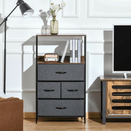 HOMCOM Cómoda com 4 Gavetas Dobráveis e Prateleira Aberta Cómoda com Gavetas de Tecido para Escritório Dormitórios Estilo Industrial Anti-Tombo 58x29x103cm Marrom e Cinza