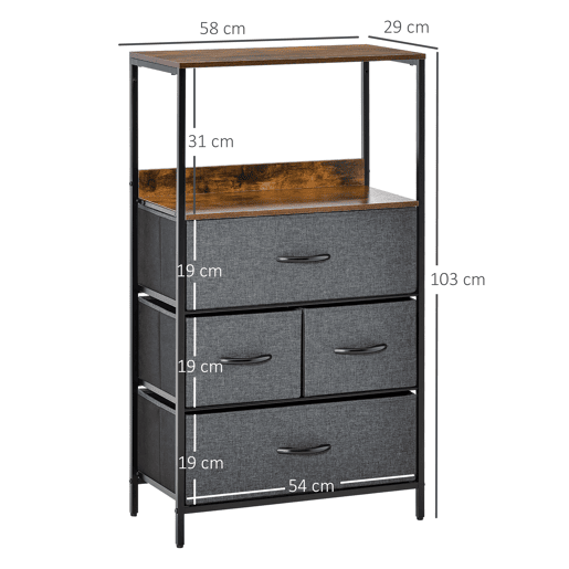 HOMCOM Cómoda com 4 Gavetas Dobráveis e Prateleira Aberta Cómoda com Gavetas de Tecido para Escritório Dormitórios Estilo Industrial Anti-Tombo 58x29x103cm Marrom e Cinza