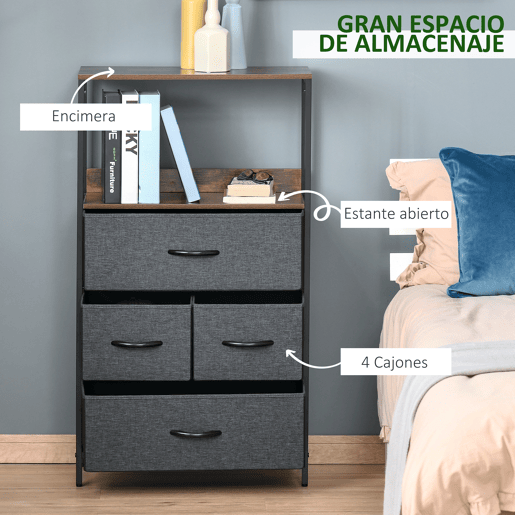 HOMCOM Cómoda com 4 Gavetas Dobráveis e Prateleira Aberta Cómoda com Gavetas de Tecido para Escritório Dormitórios Estilo Industrial Anti-Tombo 58x29x103cm Marrom e Cinza