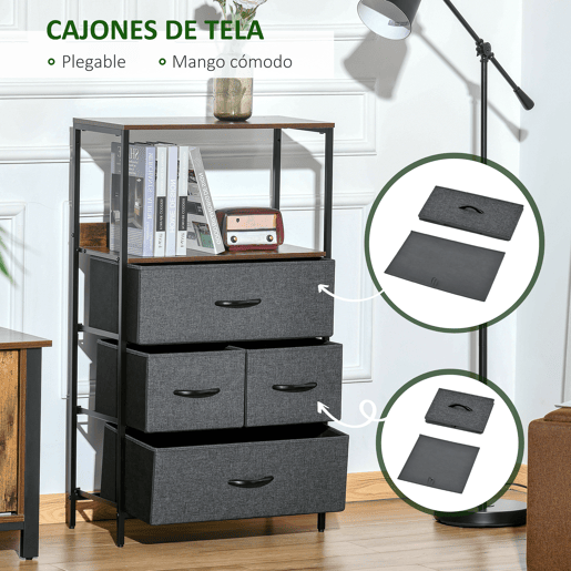HOMCOM Cómoda com 4 Gavetas Dobráveis e Prateleira Aberta Cómoda com Gavetas de Tecido para Escritório Dormitórios Estilo Industrial Anti-Tombo 58x29x103cm Marrom e Cinza