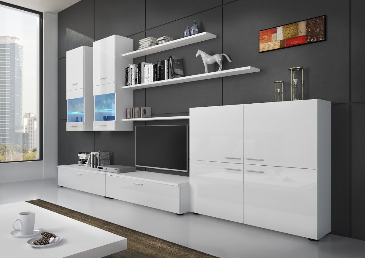 Mueble comedor moderno, salón con luces leds, acabado en blanco brillo lacado y blanco mate, 300x42x189cm