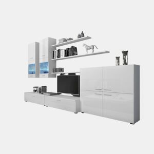 Mobiliário moderno de sala de jantar, sala de estar com luzes LED, cor em Laca Branca Brilhante e Branco Mate, 300x42x189cm