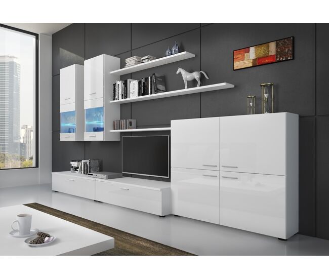 Mueble comedor moderno, salón con luces leds, acabado en blanco brillo lacado y blanco mate, 300x42x189cm