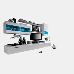 Mobiliário moderno de sala de estar com Leds, acabamento em Branco Mate e Laca Branca Brilhante, 250x42x194cm