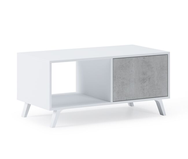 Mesa de centro con puertas, salón comedor, Modelo WIND, 92x50x45cm, color blanco y gris cemento