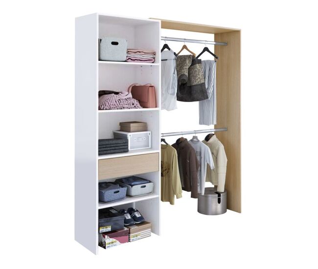 Armario vestidor abierto con diseño funcional en blanco artik y roble canadian 158x187 cm blanco artik (blanco mate) - roble canadian x 187 x 40 cm