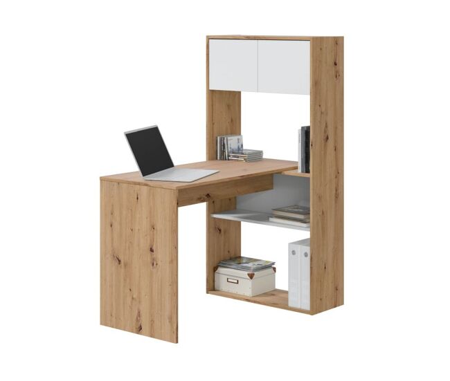 Mesa de escritorio multiposición con estantería en blanco artik y roble nodi 112x50 cm duo blanco artik (blanco mate) - roble nodi 108(vertical),112(h