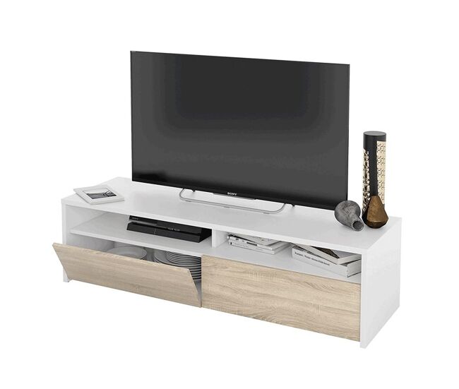 Mueble TV de 2 puertas y 2 estantes en blanco artik y roble canadian Kioto Blanco Artik (Blanco Mate) - Roble Canadian 130 x 35,5 x 40,2 cm