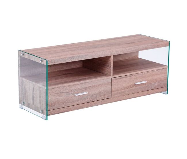 Mueble TV de 2 cajones y 2 estantes en cristal y roble 121cm Evan Cristal - Roble 121 x 44 x 39 cm