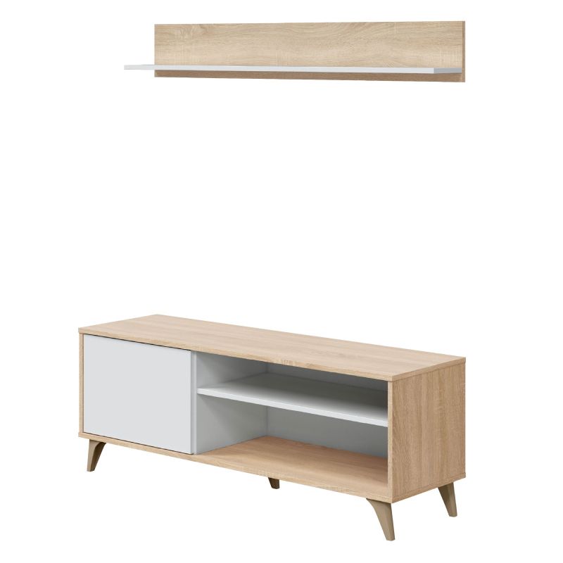 Mueble tv con estante kikua plus blanco artik (blanco mate) - roble canadian 135 x 50 x 40 cm