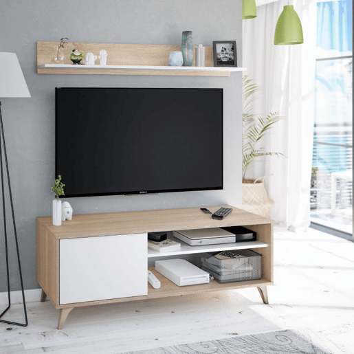 Suporte de TV com prateleira Kikua Plus Artik White (Branco mate) - Carvalho canadiano 135 x 50 x 40 cm