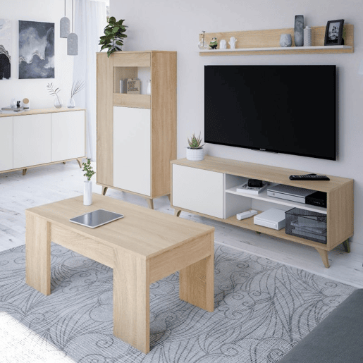 Suporte de TV com prateleira Kikua Plus Artik White (Branco mate) - Carvalho canadiano 135 x 50 x 40 cm