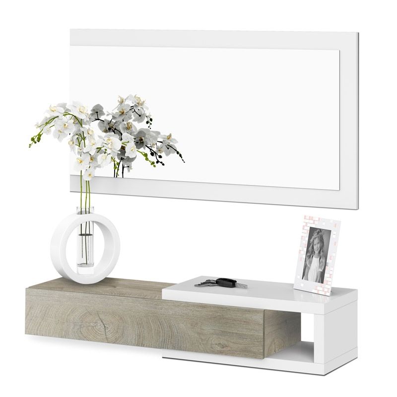 Mueble de recibidor con espejo noon blanco artik (blanco mate) – roble alaska 95(mesitayespejo) x 19(mesita)/50(espejo) x 26(mesita) cm