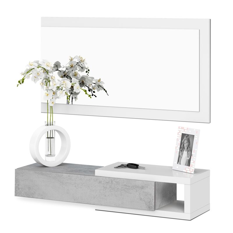 Mueble de recibidor con espejo noon blanco artik (blanco mate) - gris cemento 95(mesitayespejo) x 19(mesita)/50(espejo) x 26(mesita) cm